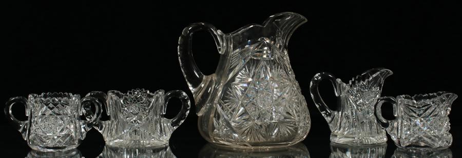 HAND CUT GLASS PITCHER, PAIRS CREAMERS & SUGARS (1 of 4)