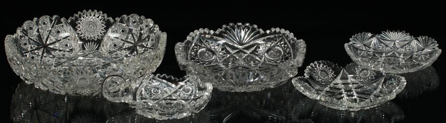 BRILLIANT HAND CUT BOWL 9",  3 CUT GLASS NAPPIES (1 of 4)