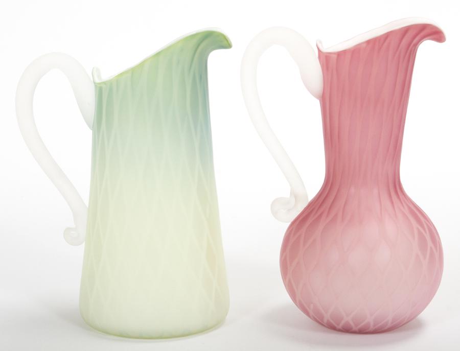 SATIN GLASS PITCHERS, TWO H 8" (1 of 6)