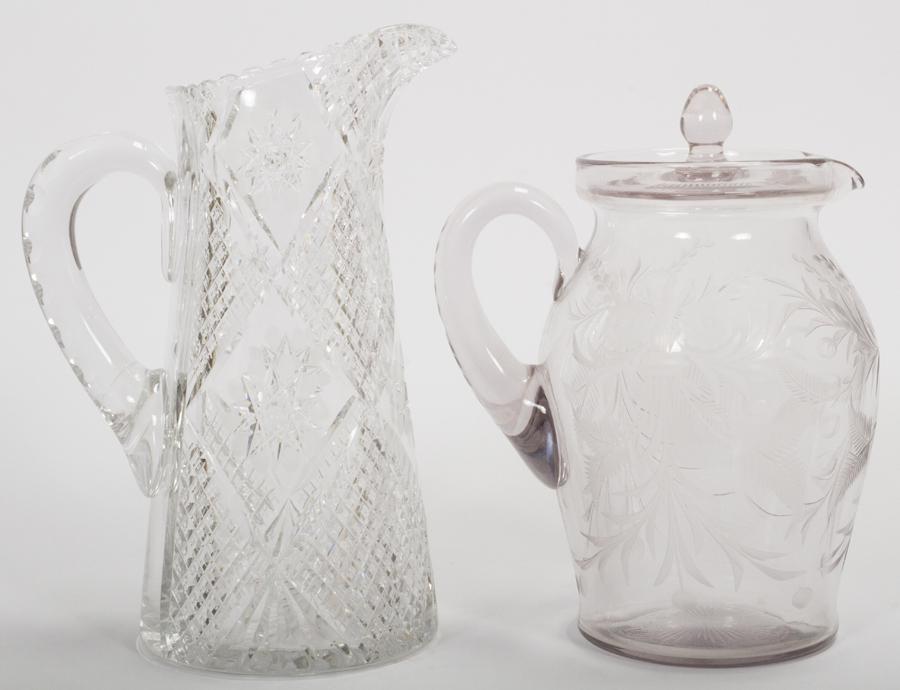 CUT GLASS WATER PITCHER AND ETCHED GLASS PITCHER (1 of 3)