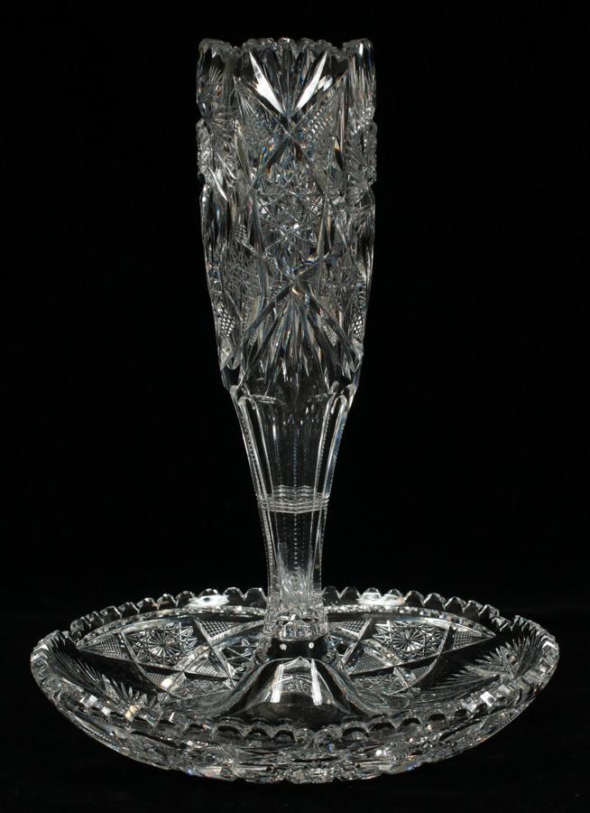 CUT GLASS CENTERPIECE EPERGNE C 1900 H 11" DIA 8": CUT GLASS CENTERPIECE EPERGNE C 1900 H 11" DIA 8" Unusual hard to find form in antique hand-cut glass. Pinwheel and hobstar motifs. From an astute collector of fine antiques, especially glass, Atlanta