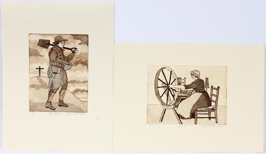 LORI WINKLES, ETCHINGS, 1989, 2, 8" X 6": LORI WINKLES, ETCHINGS, 1989, 2, 8" X 6", "GRAVE DIGGER" & "SPINNER" Unframed.