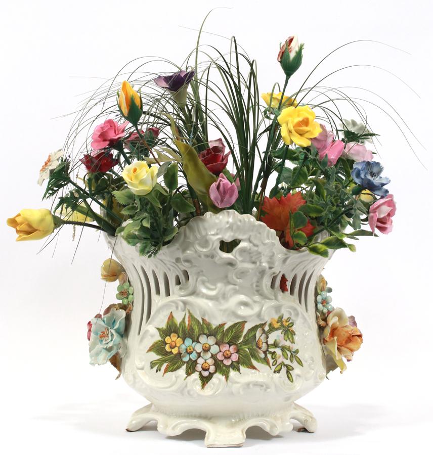 ITALIAN POTTERY PLANTER, RAISED CERAMIC FLOWERS (1 of 6)