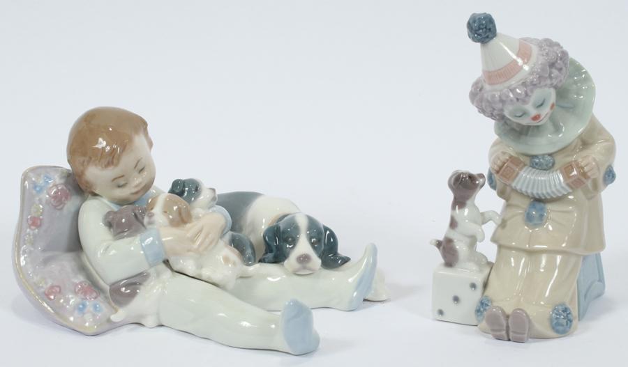 LLADRO PORCELAINS, BOY AND CLOWN 2 PCS.: LLADRO PORCELAINS, BOY AND CLOWN 2 PCS. H 5.5" L 6.5" Boy L 6.5". Clown 5.5" high. Both hand decorated and made in Spain. From an astute collector of fine antiques, Atlanta, Mi.