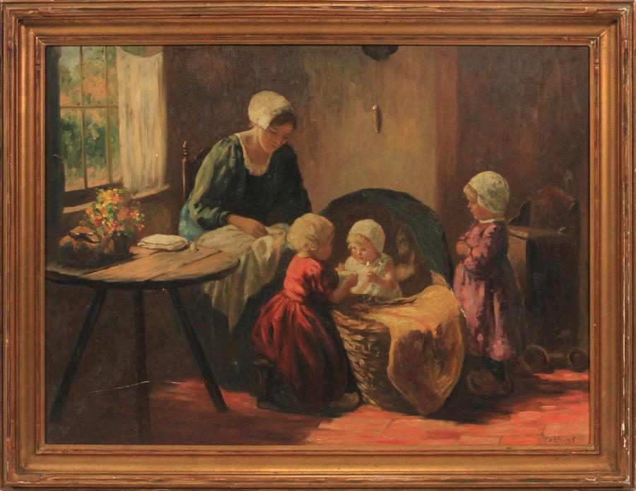 BERNARD POTHAST OIL ON MASONITE: BERNARD POTHAST (DUTCH, 1882-66), OIL ON MASONITE, H 22", W 30", MOTHER WITH CHILDREN An oil on masonite by Bernard Pothast. Depicting an interior scene with a mother and children. Artist's signature