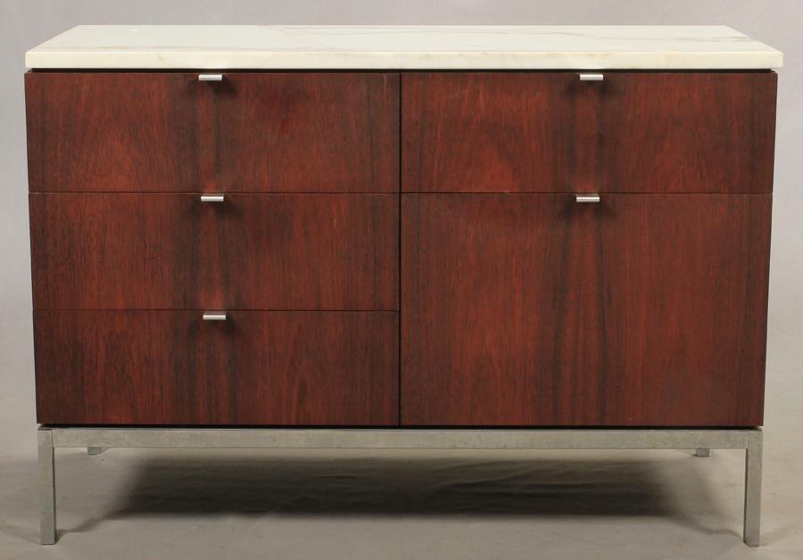 FLORENCE KNOLL ROSEWOOD & MARBLE TOP CABINET: FLORENCE KNOLL ROSEWOOD & MARBLE TOP CABINET, H 26", W 38"A Knoll rosewood and white marble top cabinet. Offers five drawers and chromed steel mounts. Paper label to the top left drawer. Depth 18".