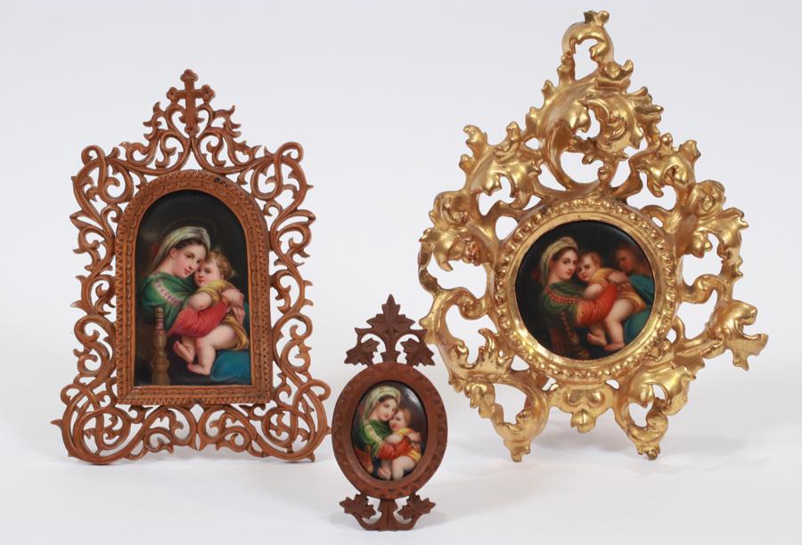 ECCLESIASTIC PAINTED PORCELAIN PLAQUES, 3 PCS: ECCLESIASTIC PAINTED PORCELAIN PLAQUES, 3 PCS, H 1.5"-3.5", MADONNA OF THE CHAIR A collection of painted porcelain plaques after Raphael in Florentine frames. Each depicting the Madonna with child. Th