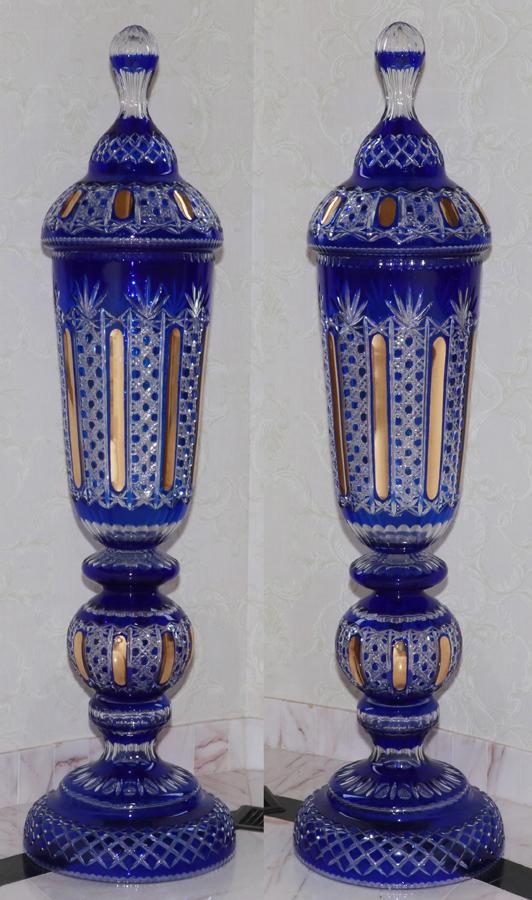 MONUMENTAL COBALT OVERLAY CRYSTAL COVERED URNS (1 of 9)