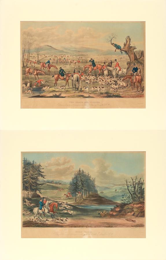 HENRY THOMAS ALKEN AQUATINT ETCHING ON PAPER: HENRY THOMAS ALKEN (ENGLISH, 1785-51), AQUATINT ETCHING ON PAPER, 2 PCS, H 13", W 21", "HOLD HARD" & "THE DEATH..." A selection of two aquatint etchings on paper titled "Hold Hard" and "The Death And