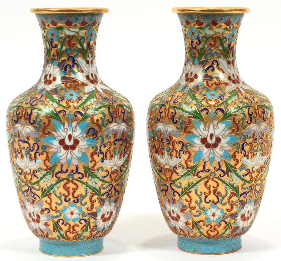 CHINESE CLOISONNE VASES, PAIR, H 10", DIA 6" (1 of 3)