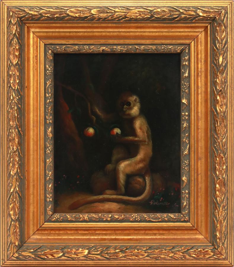 ROLENCE, OIL ON CANVAS, H 10", W 7.5", MONKEY: ROLENCE, OIL ON CANVAS, H 10", W 7.5", MONKEY An oil on canvas by Rolence. Depicting a seated macaque with fruit. Artist's signature to the lower right. Frame measures H 16" x L 14".From a stately Dak