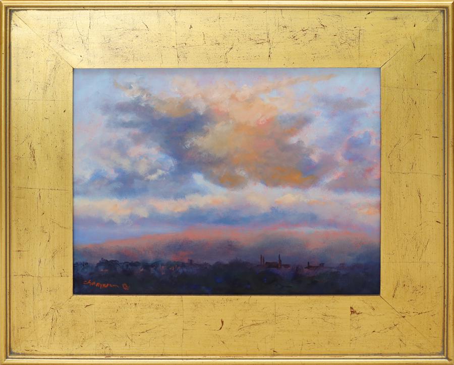 DENISE CHAMPION, ACRYLIC ON CANVAS: DENISE CHAMPION, ACRYLIC ON CANVAS, H 16", W 20", "HALEAKALA SUNSET" An acrylic on canvas titled "Haleakala Sunset" by Denise Champion. Depicting an urban cloudscape. Artist's signature to the lower l