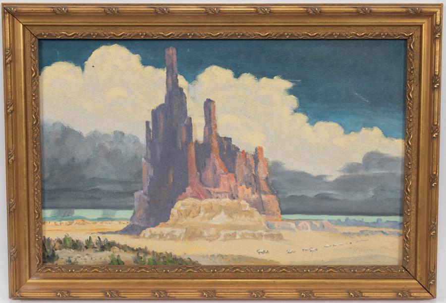 OIL ON MASONITE, H 24", W 32", DESERT LANDSCAPE: OIL ON MASONITE, H 24", W 32", DESERT LANDSCAPE An oil on masonite depicting a desert landscape. Frame measures H 19" x L 28".