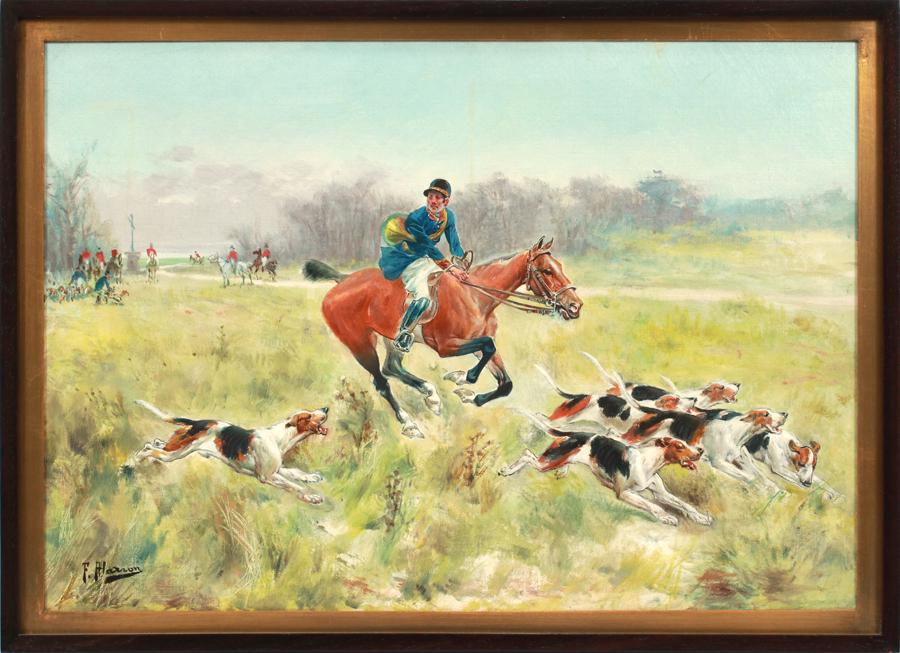 F. ALACON, OIL ON CANVAS, FOX HUNTING SCENE (1 of 4)