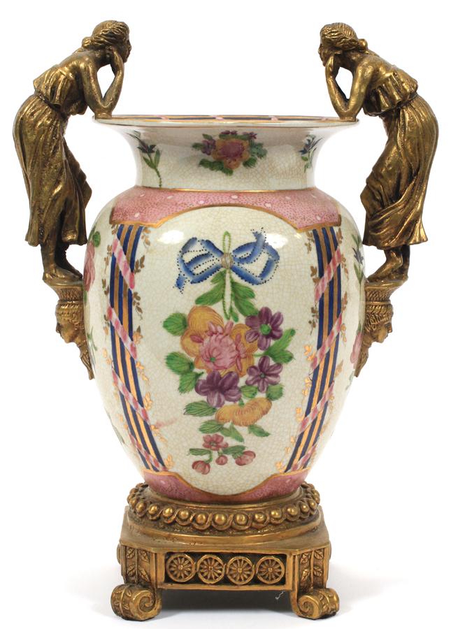 PORCELAIN & BRONZE MOUNTED VASE, H 14", W 11" (1 of 3)