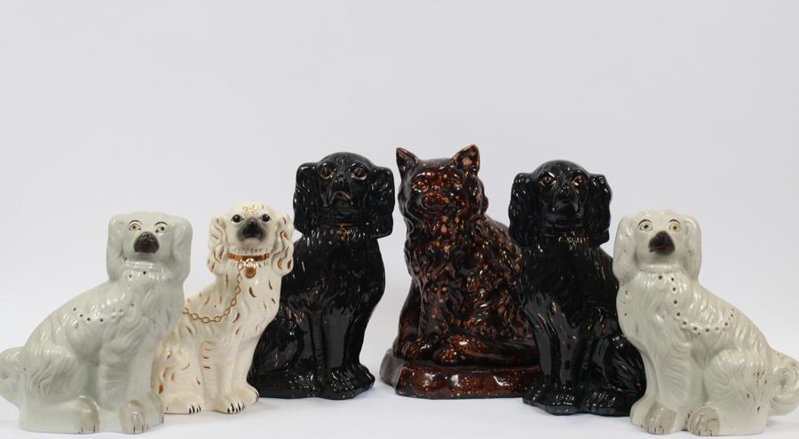 STAFFORDSHIRE DOGS + CERAMIC CAT, 6 PCS, H 11"-14" (1 of 3)