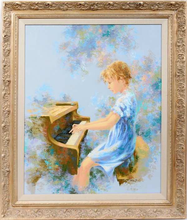 PETER SCHOFIELD OIL ON CANVAS, GIRL AT PIANO