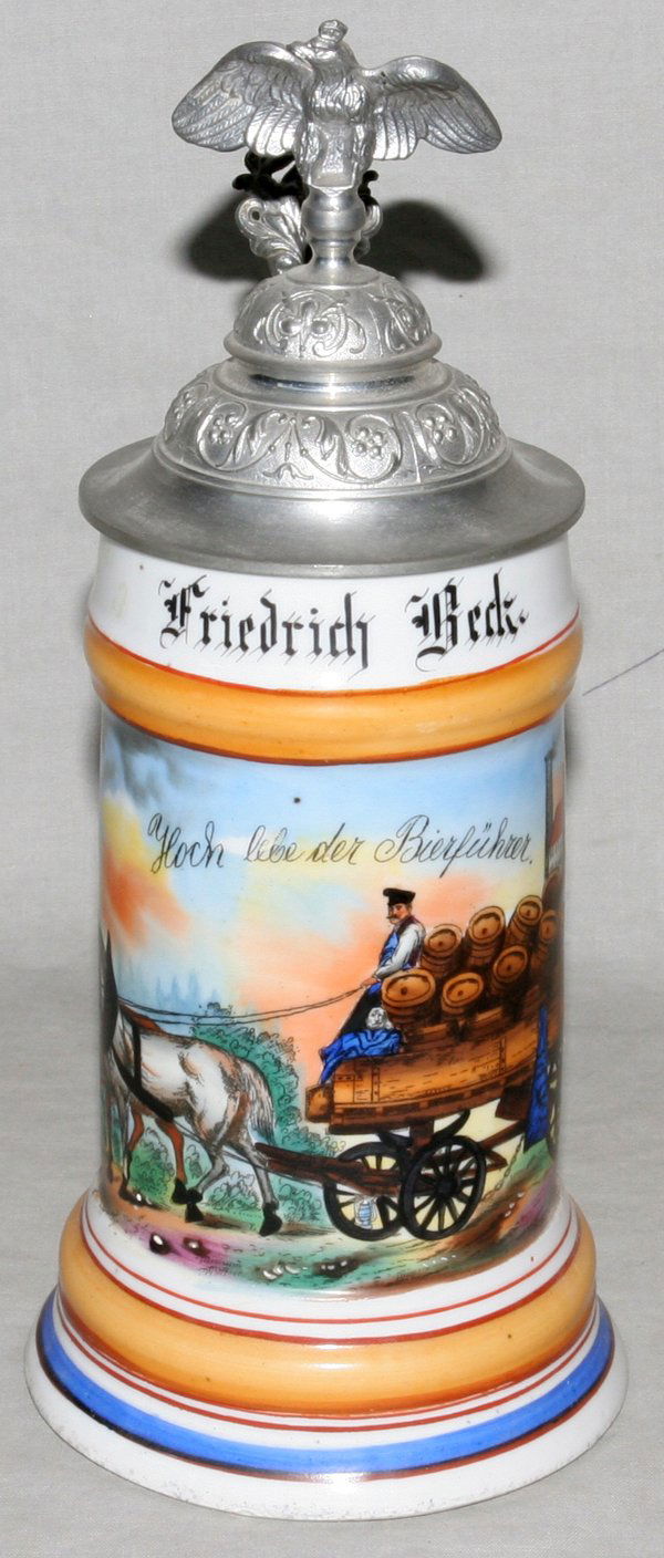 GERMAN PORCELAIN STEIN WITH LITHOPANE BASE: GERMAN PORCELAIN STEIN WITH LITHOPANE BASE, 'FRIEDRICH BECK', EARLY 20TH CENTURY, H 10 1/4":Eagle finial. From the Estate of Maxine Coombs, Alpena, Mi.