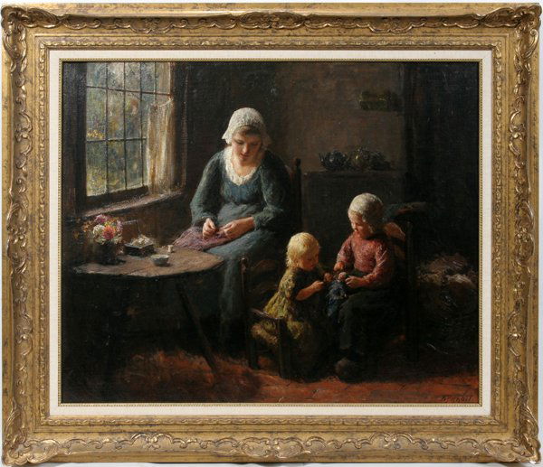 BERNARD POTHAST OIL INTERIOR GENRE SCENE: BERNARD POTHAST (DUTCH 1882-1966), OIL ON CANVAS, 25 1/4" X 30 1/4", INTERIOR GENRE SCENE:Mother sewing with 2 children and a doll; signed lower right; period or original gilt frame.