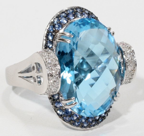 GOLD, BLUE TOPAZ, SAPPHIRE, AND DIAMOND RING