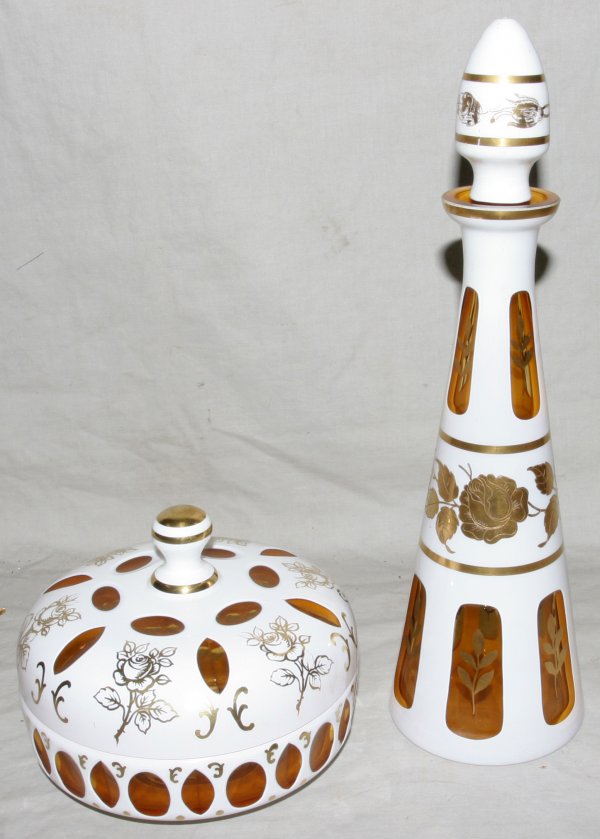 BOHEMIAN GLASS DECANTER AND COVERED DISH