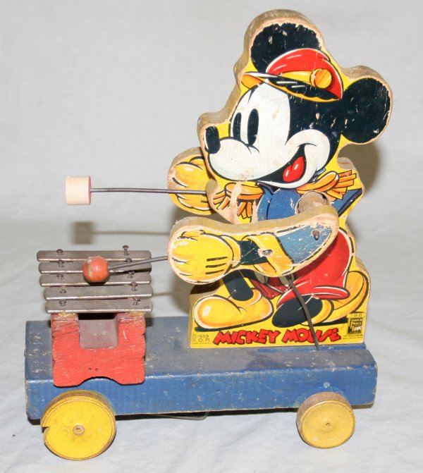 WOOD MICKEY MOUSE PULL TOY, H 11", L 9"