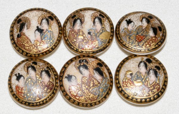 JAPANESE SATSUMA EARTHENWARE BUTTONS, SIX,