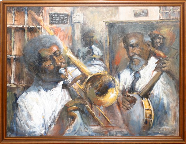 WARD OIL ON CANVAS MEN PLAYING BANJO AND HORN
