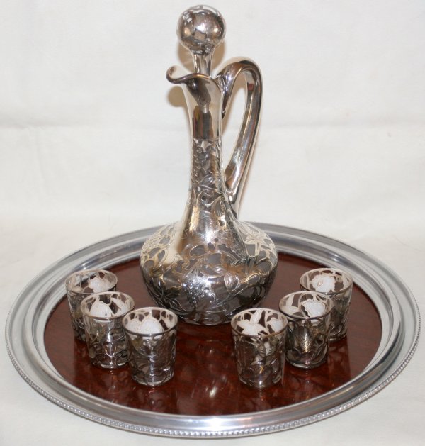 ART NOUVEAU SILVER OVERLAY GLASS LIQUEUR SET