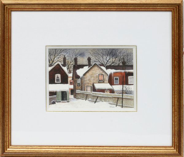 JOHN KASYN WATERCOLOR, "WINTER SCENE" 5" X 7": "JOHN KASYN (CANADIAN B. 1926), WATERCOLOR, ""WINTER SCENE"", 5"" X 7"":Signed lower right and framed." (rev.20090116)