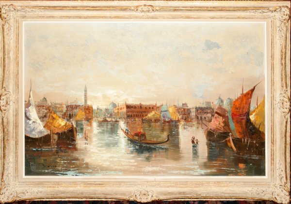 DELELLO OIL ON CANVAS, VENETIAN HARBOR SCENE
