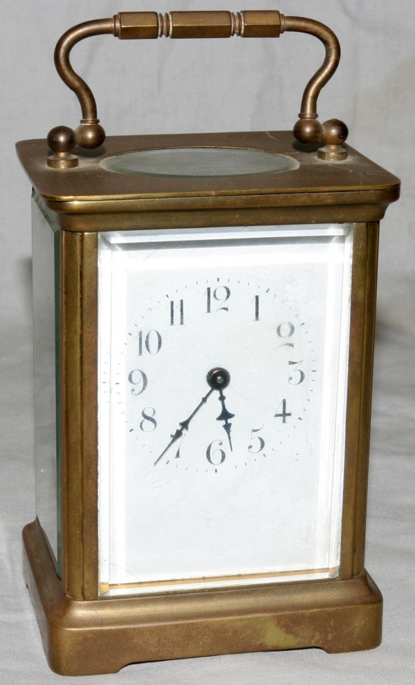 H & H, FRENCH BRASS AND GLASS CARRIAGE CLOCK