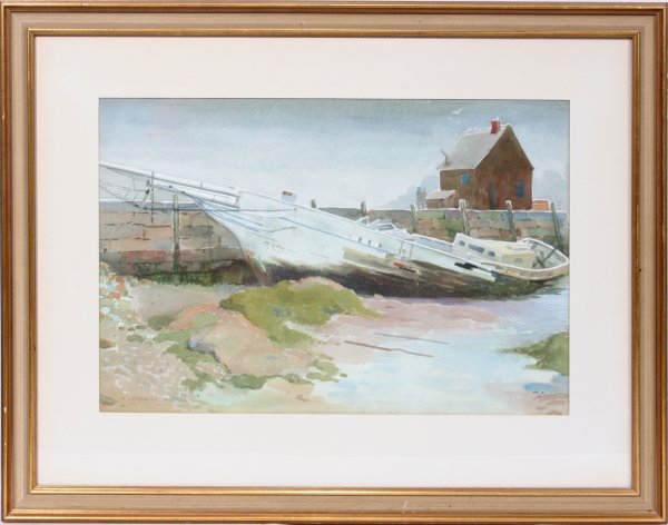 FREDERICK WITTON WATERCOLOR SAILBOAT ON SHORE