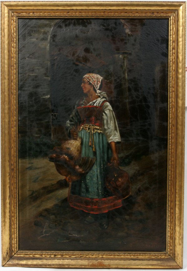 OIL ON CANVAS SIGNED, 28" X 18" PEASANT WOMAN