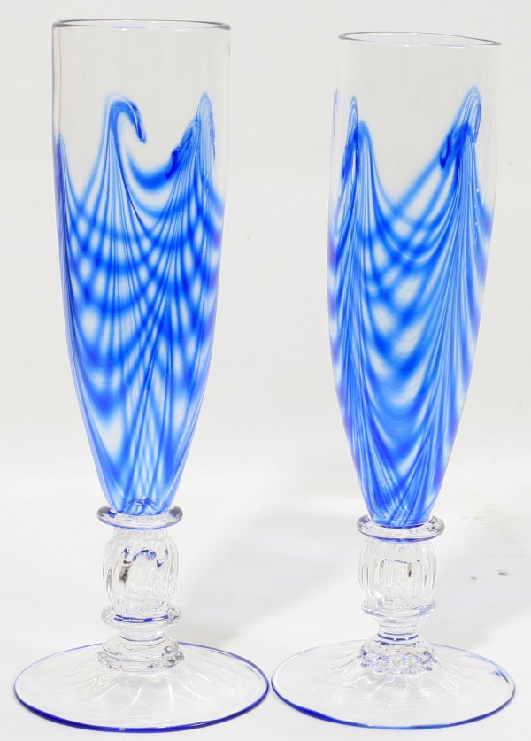 MURANO GLASS CHAMPAGNE FLUTES, PAIR, H 10"