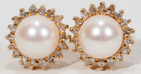 PEARL ANDS DIAMOND STUD EARRINGS, PAIR