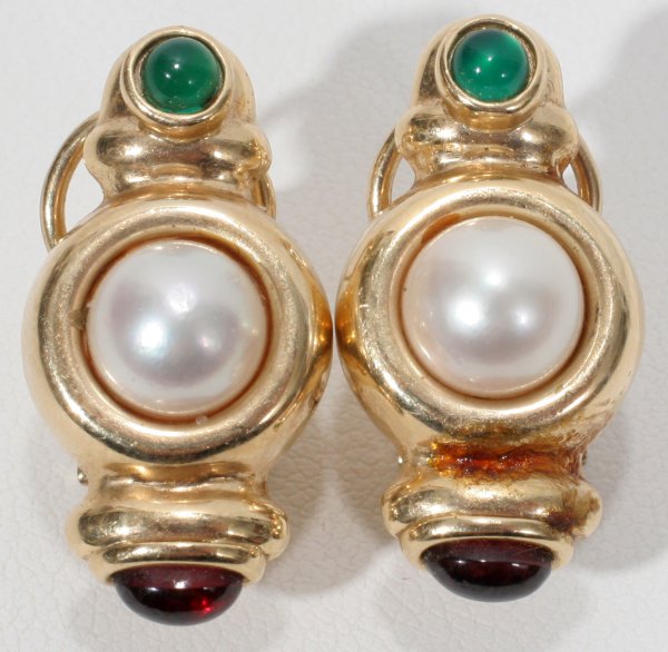 PEARL AND EMERALD 14KT GOLD EARRINGS