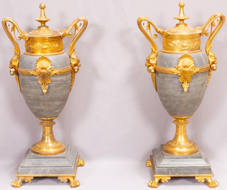 FRENCH EMPIRE DORE BRONZE & MARBLE URNS, PAIR (1 of 13)