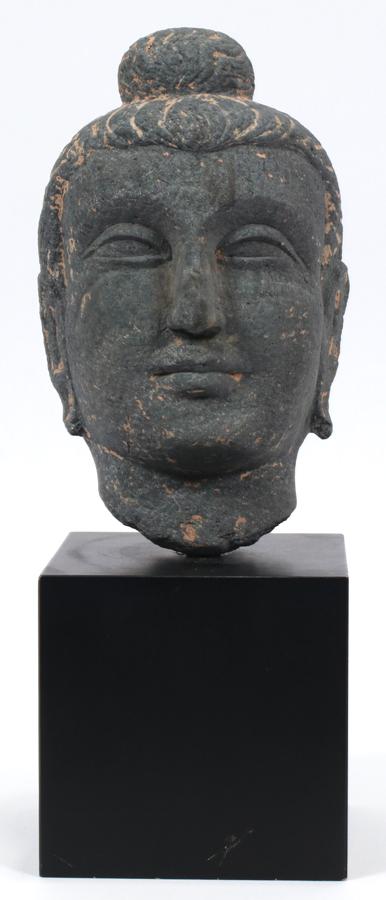 CARVED BASALT BUDDHA HEAD, C. 1900, H 10 1/2", W 6" (1 of 5)