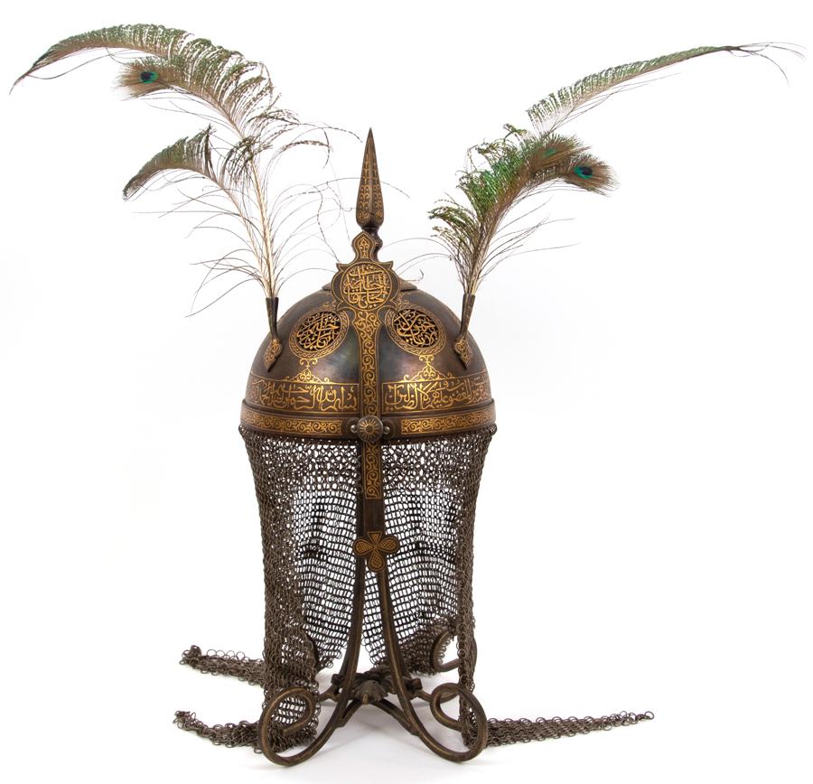 PERSIAN BRONZE HELMET WITH GILT DECORATION (1 of 3)