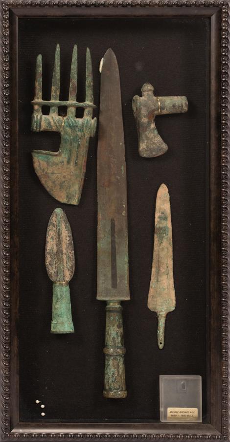 BRONZE AXE AND SPEAR HEADS, FIVE PIECES (1 of 4)