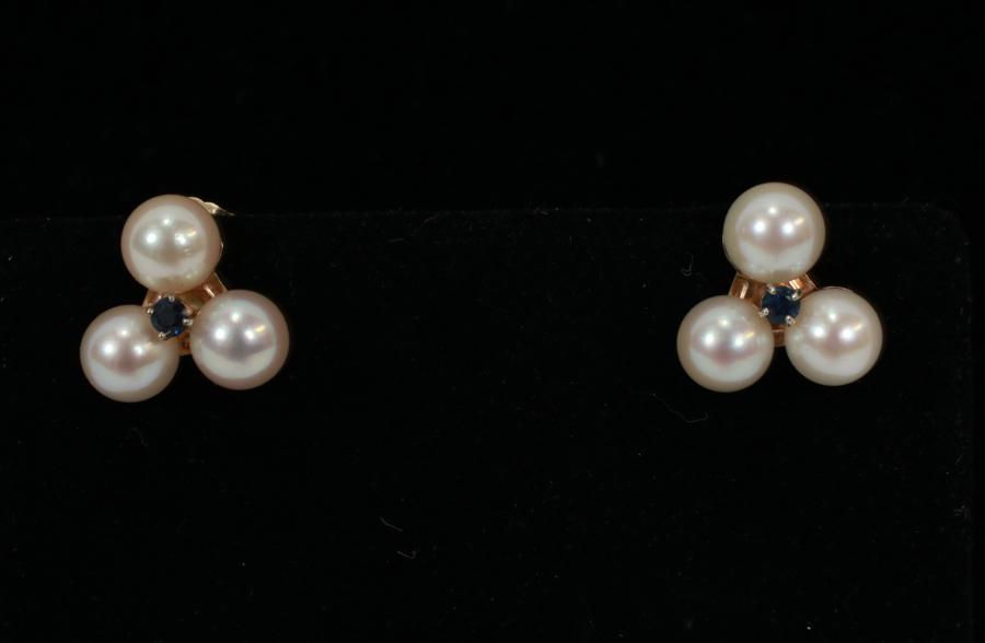 PEARL EARRINGS, 14KT.: PEARL EARRINGS, 14KT. Three pearls in each earring approx 2mm. enhanced by single cut blue sapphire. Made to match pearl milimoto necklace. Earrings are not Mikimoto.