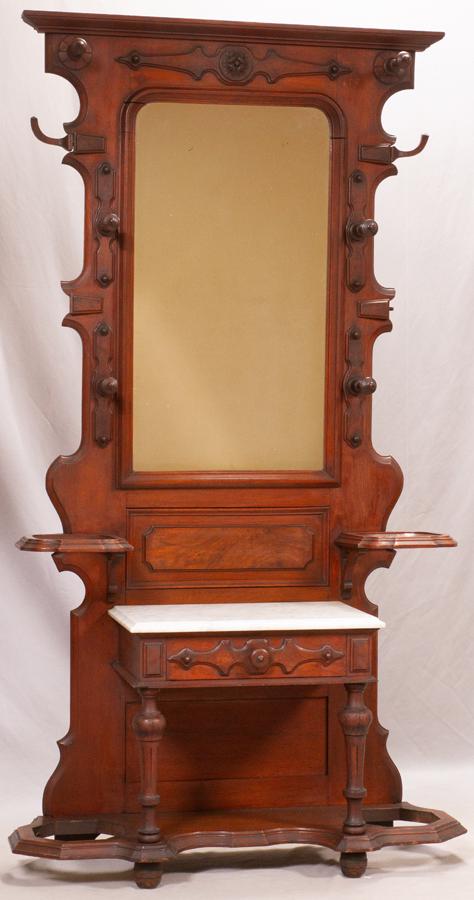 WALNUT AND MARBLE TOP HALL TREE WITH MIRROR (1 of 2)