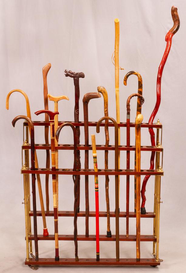 GENTLEMAN'S MAHOGANY TIERED CANE RACK, CANES (1 of 5)