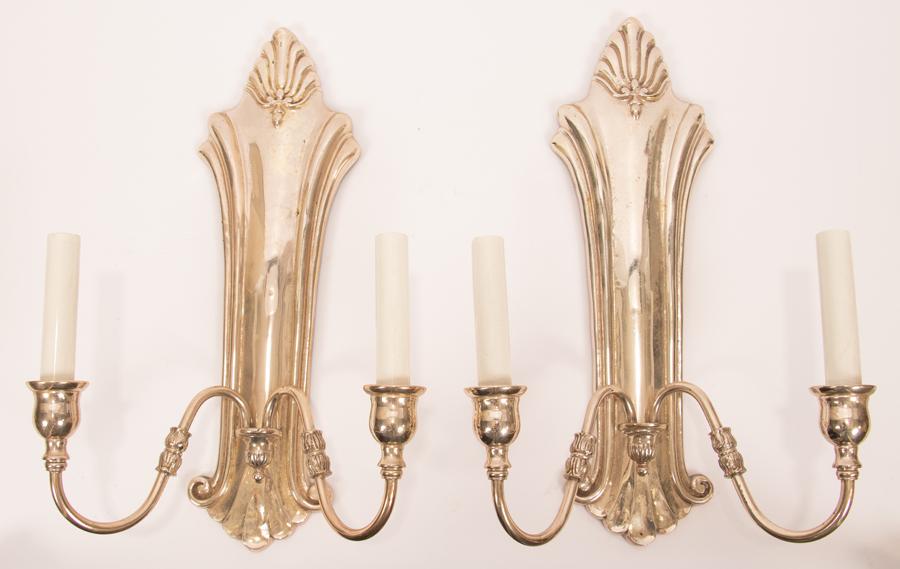 SILVER PLATE TWO LIGHT WALL SCONCES, PAIR C. 1940 (1 of 3)