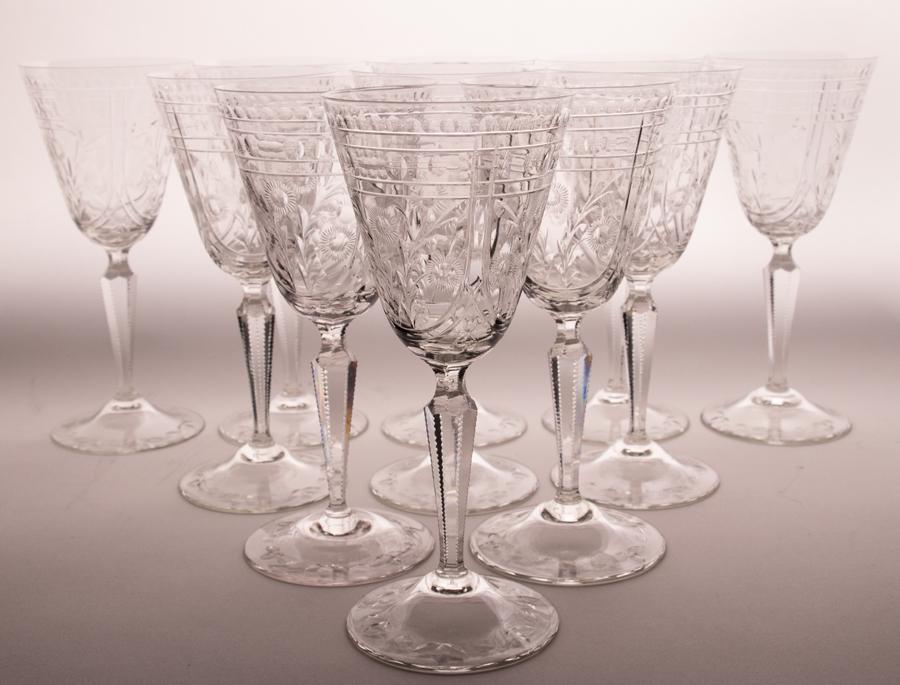 CRYSTAL ETCHED WATER GOBLETS, SET OF 11, H 7.7" (1 of 2)
