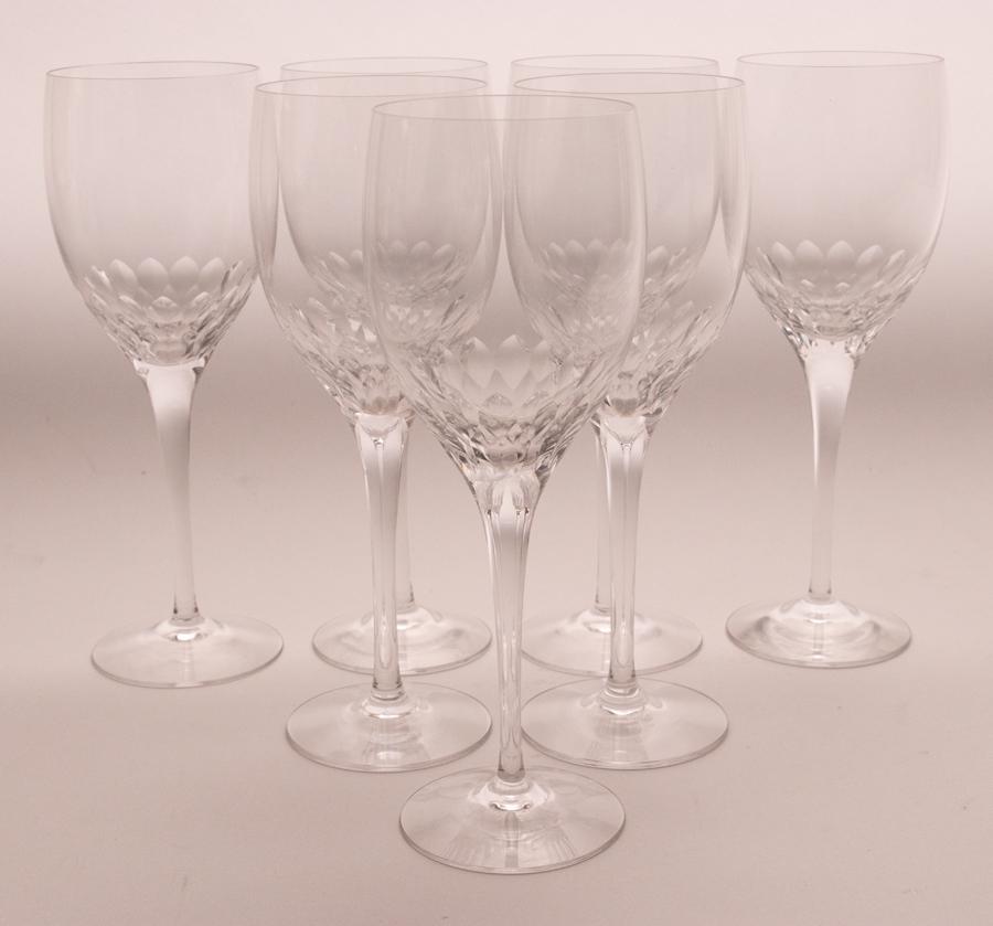 ORREFORS CRYSTAL WINE GOBLETS, 7 PCS, H 7.25": ORREFORS CRYSTAL WINE GOBLETS, 7 PCS, H 7.25" A collection of seven Orrefors crystal wine goblets.