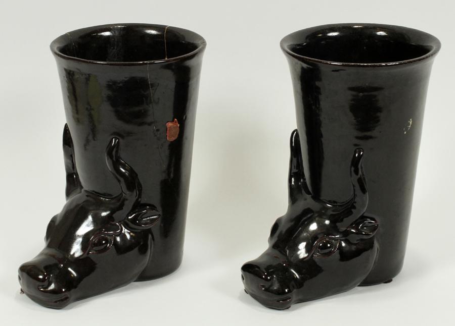 PAIR CHINESE RHYTON POTTERY STIRRUP CUPS (1 of 4)