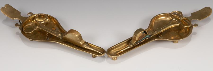 BRASS CANDLE SNUFFERS ON  TRAYS  PCS. L 11" (1 of 5)