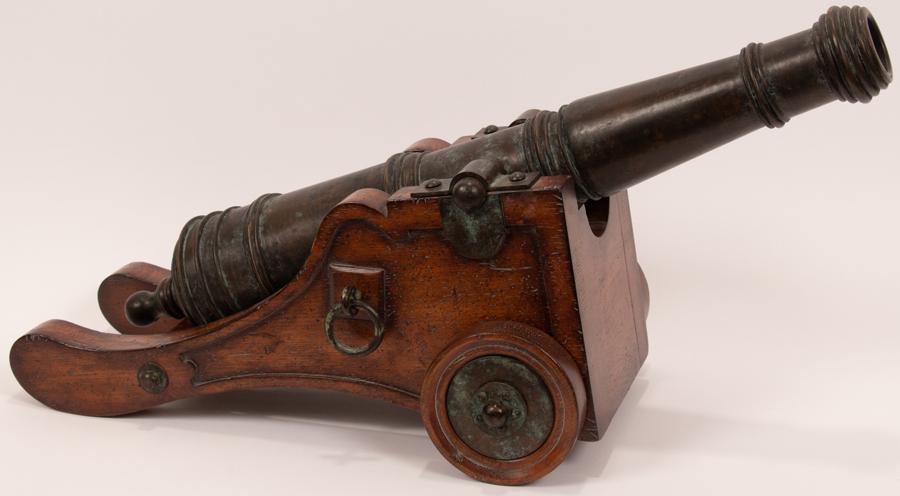 BRASS & WOOD CANNON, H 14", L 25.5" (1 of 2)